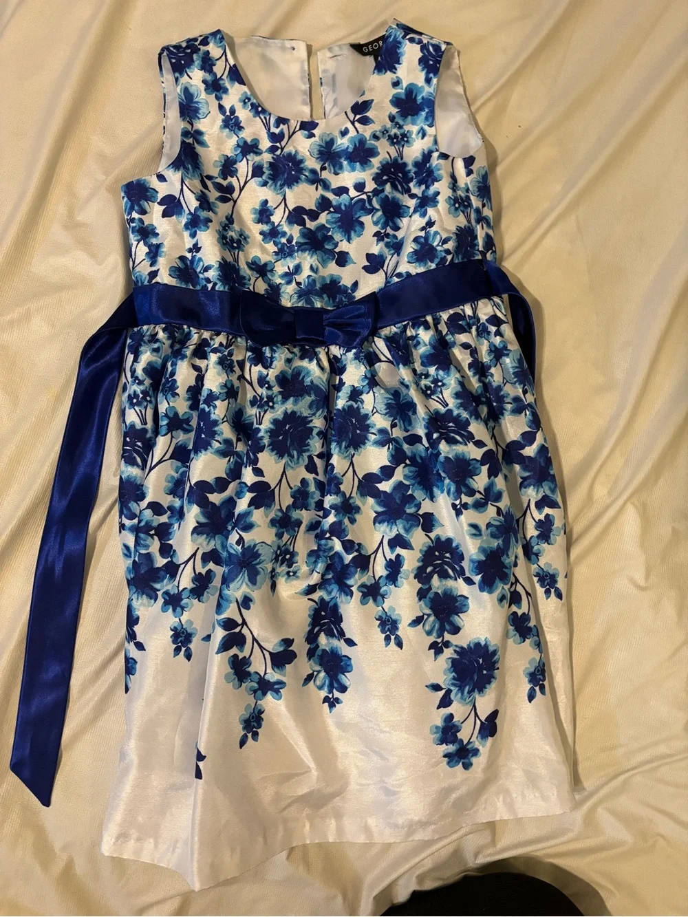 George Blue and White Floral Satin Bow Party Dress